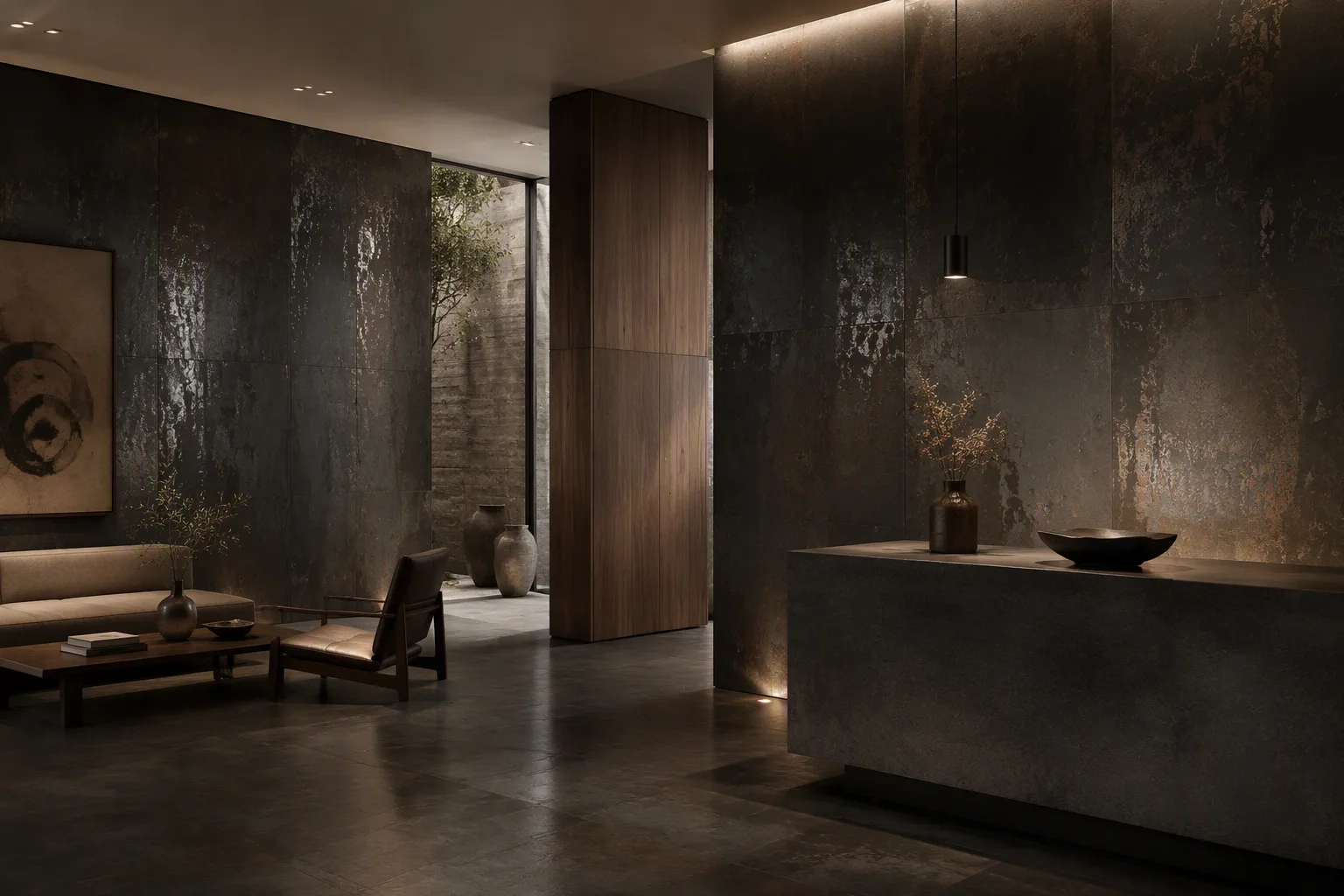 Interior · piedra oscura