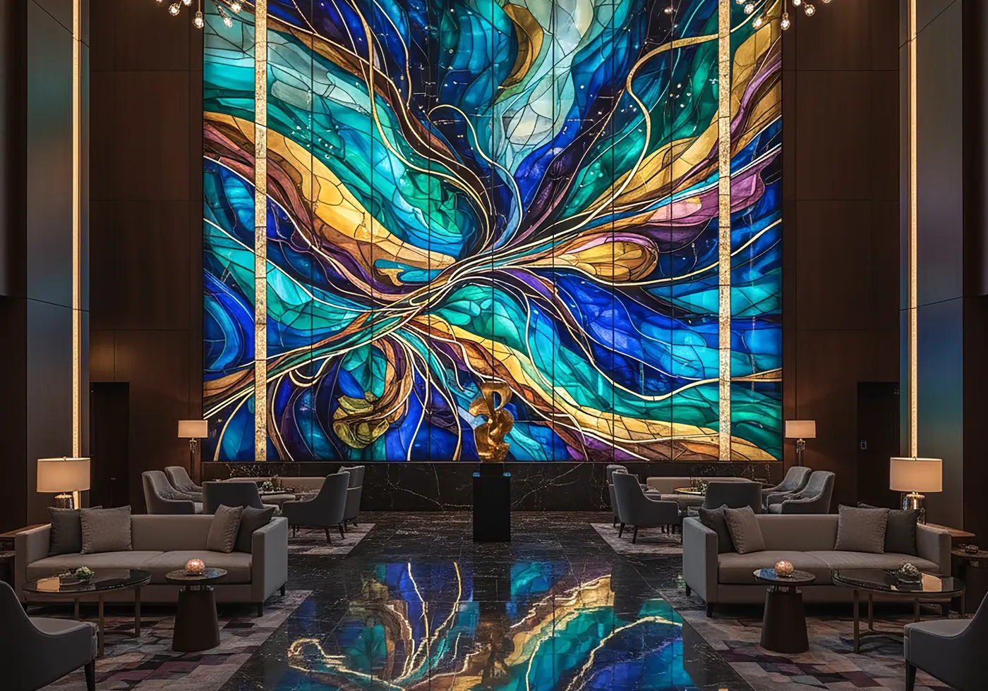 Mural de vidrio en lobby de hotel